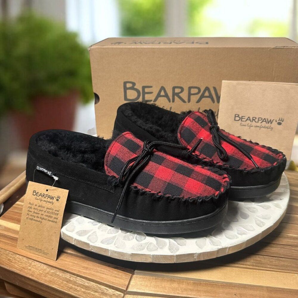 BEARPAW Moc II Slippers Buffalo Plaid Knit NeverWet Fleece Mens 10 Indoor Outdoo